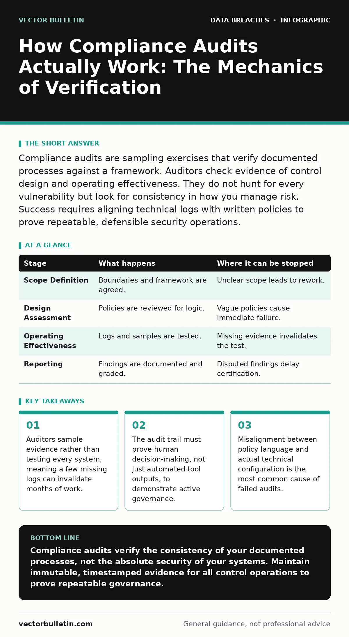 Infographic: How Compliance Audits Actually Work: The Mechanics of Verification. Auditors sample evidence rather than testing every system, meaning a few missing logs can invalidate months of work. The audit trail must prove human decision-making, not just automated tool outputs, to demonstrate acti