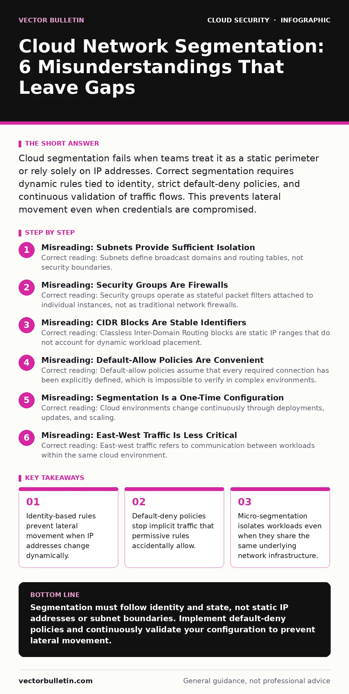 Infographic: Cloud Network Segmentation: 6 Misunderstandings That Leave Gaps. Identity-based rules prevent lateral movement when IP addresses change dynamically. Default-deny policies stop implicit traffic that permissive rules accidentally allow. Micro-segmentation isolates workloads even when they