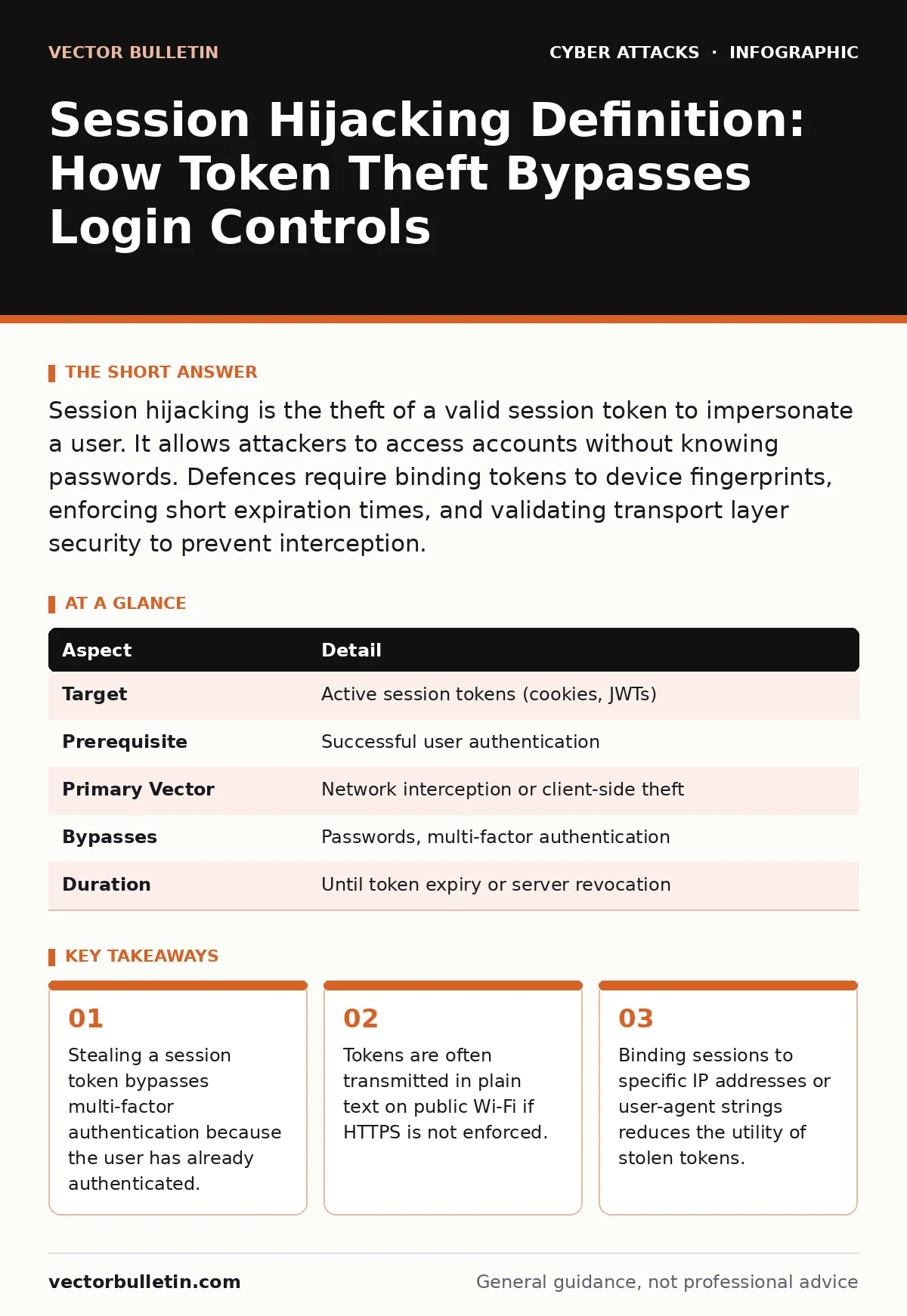 Infographic: Session Hijacking Definition: How Token Theft Bypasses Login Controls. Stealing a session token bypasses multi-factor authentication because the user has already authenticated. Tokens are often transmitted in plain text on public Wi-Fi if HTTPS is not enforced. Binding sessions to speci