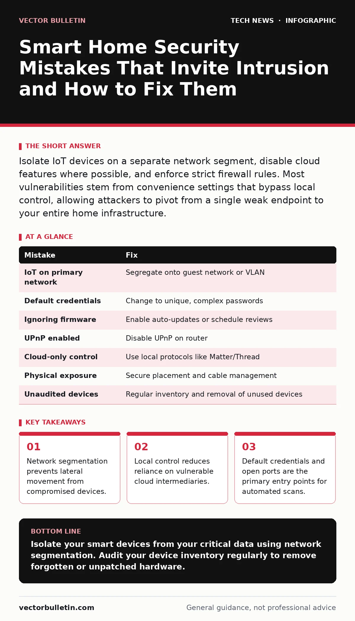 Infographic: Smart Home Security Mistakes That Invite Intrusion and How to Fix Them. Network segmentation prevents lateral movement from compromised devices. Local control reduces reliance on vulnerable cloud intermediaries. Default credentials and open ports are the primary entry points for automat