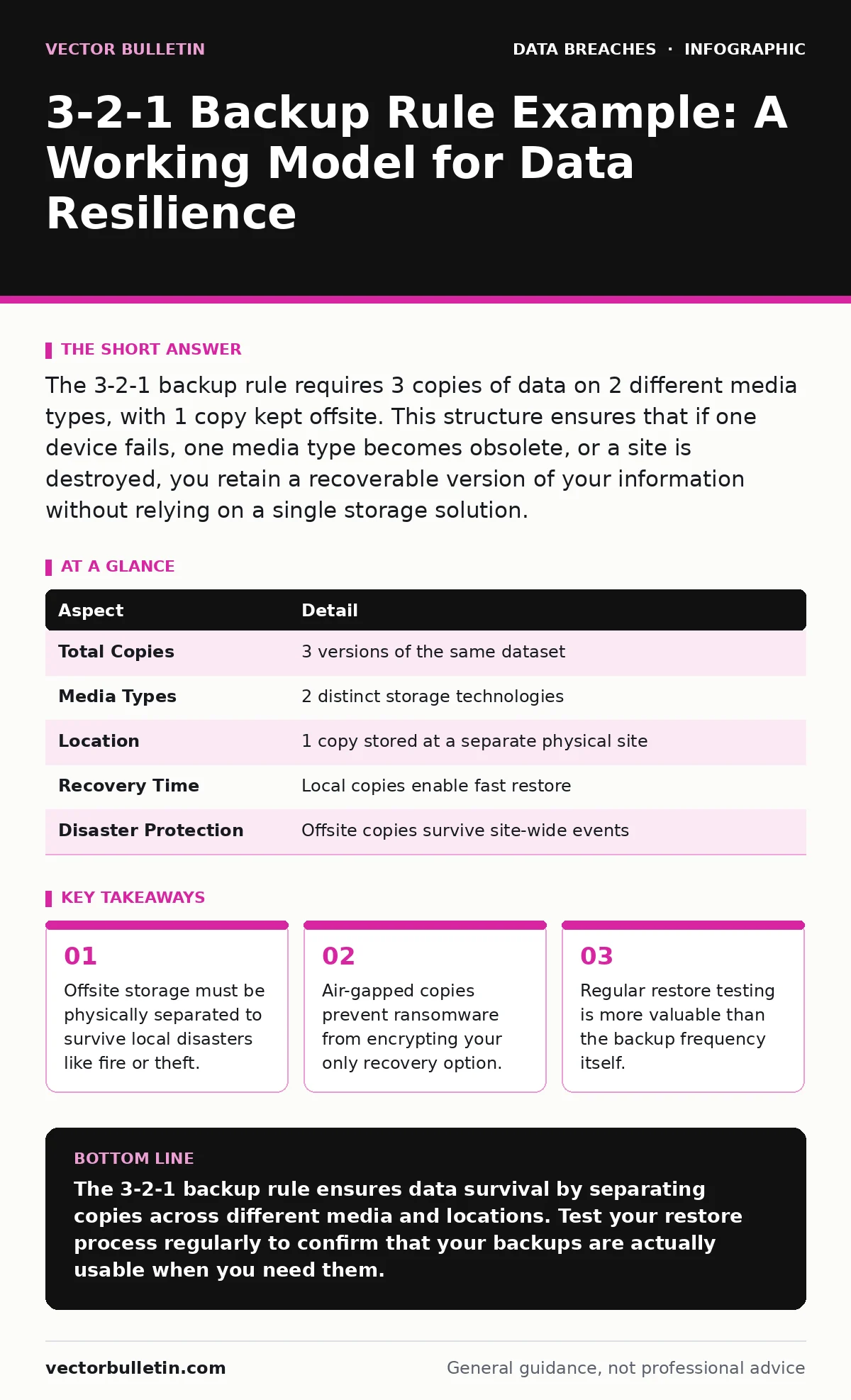 Infographic: 3-2-1 Backup Rule Example: A Working Model for Data Resilience. Offsite storage must be physically separated to survive local disasters like fire or theft. Air-gapped copies prevent ransomware from encrypting your only recovery option. Regular restore testing is more valuable than the b