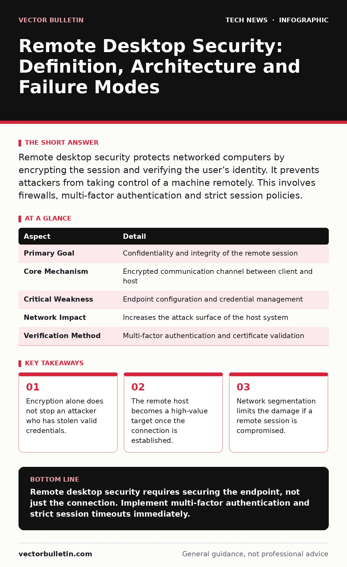 Infographic: Remote Desktop Security: Definition, Architecture and Failure Modes. Encryption alone does not stop an attacker who has stolen valid credentials. The remote host becomes a high-value target once the connection is established. Network segmentation limits the damage if a remote session is