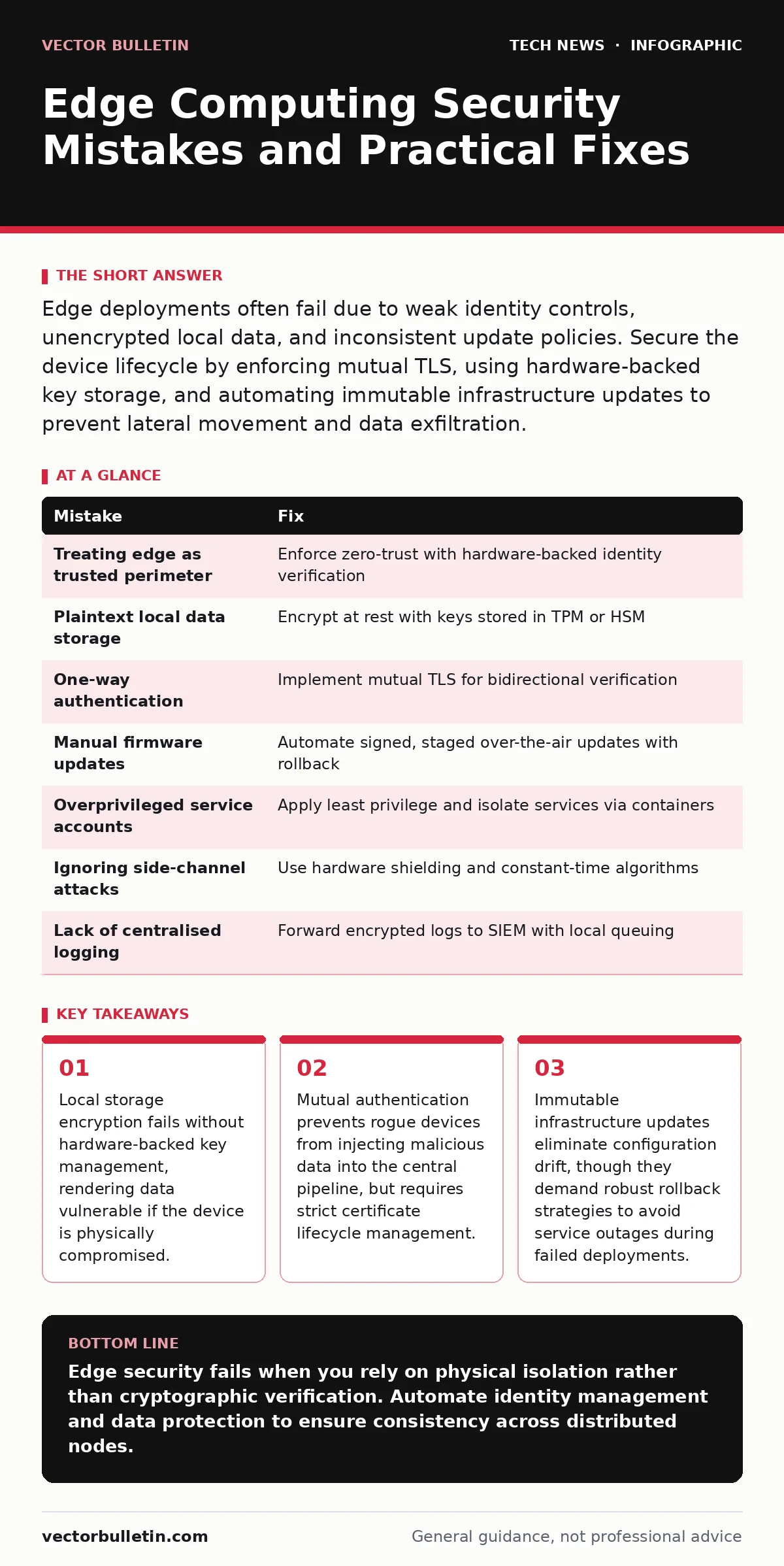 Infographic: Edge Computing Security Mistakes and Practical Fixes. Local storage encryption fails without hardware-backed key management, rendering data vulnerable if the device is physically compromised. Mutual authentication prevents rogue devices from injecting malicious data into the central pip