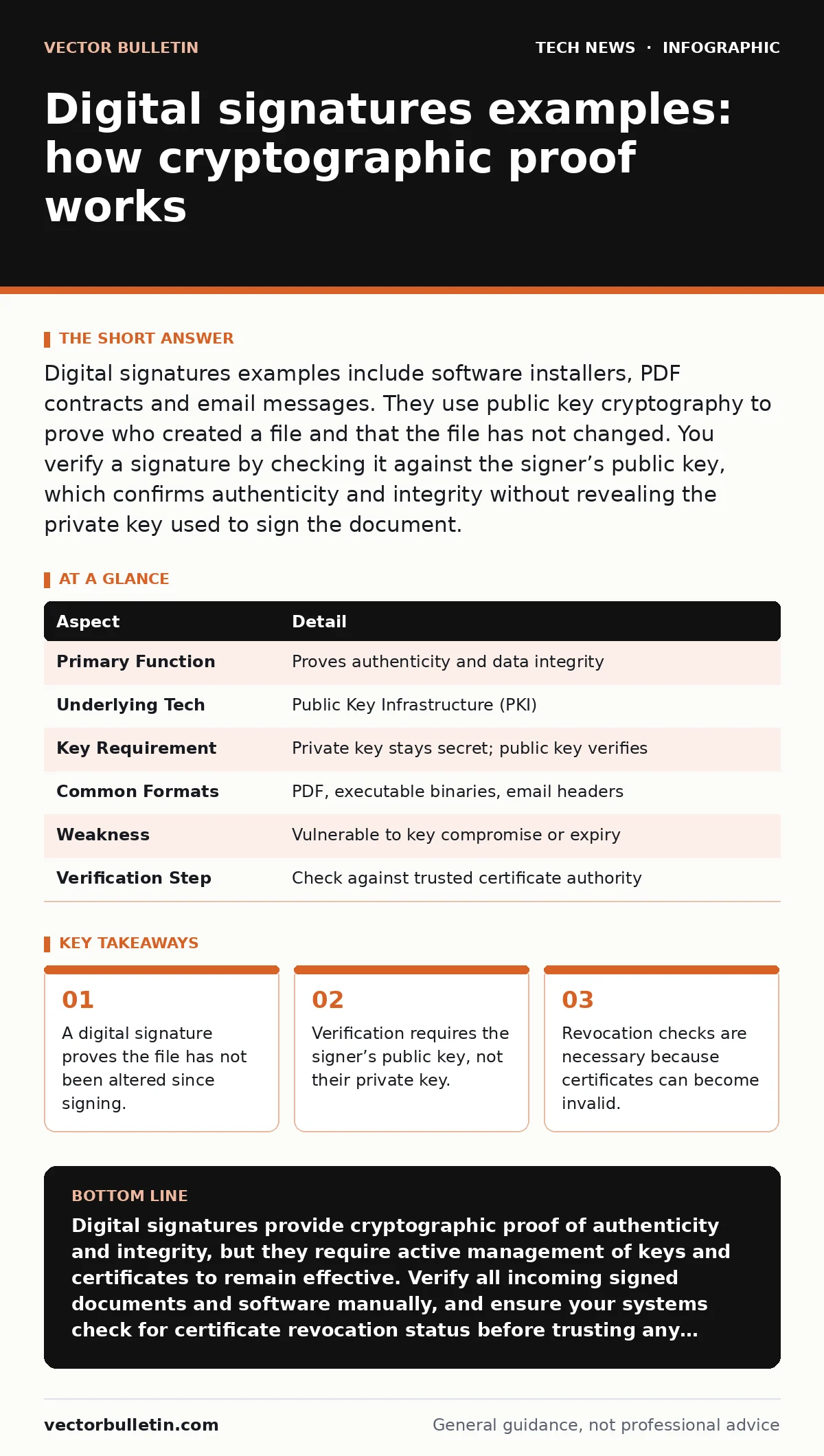 Infographic: Digital signatures examples: how cryptographic proof works. A digital signature proves the file has not been altered since signing. Verification requires the signer’s public key, not their private key. Revocation checks are necessary because certificates can become invalid.