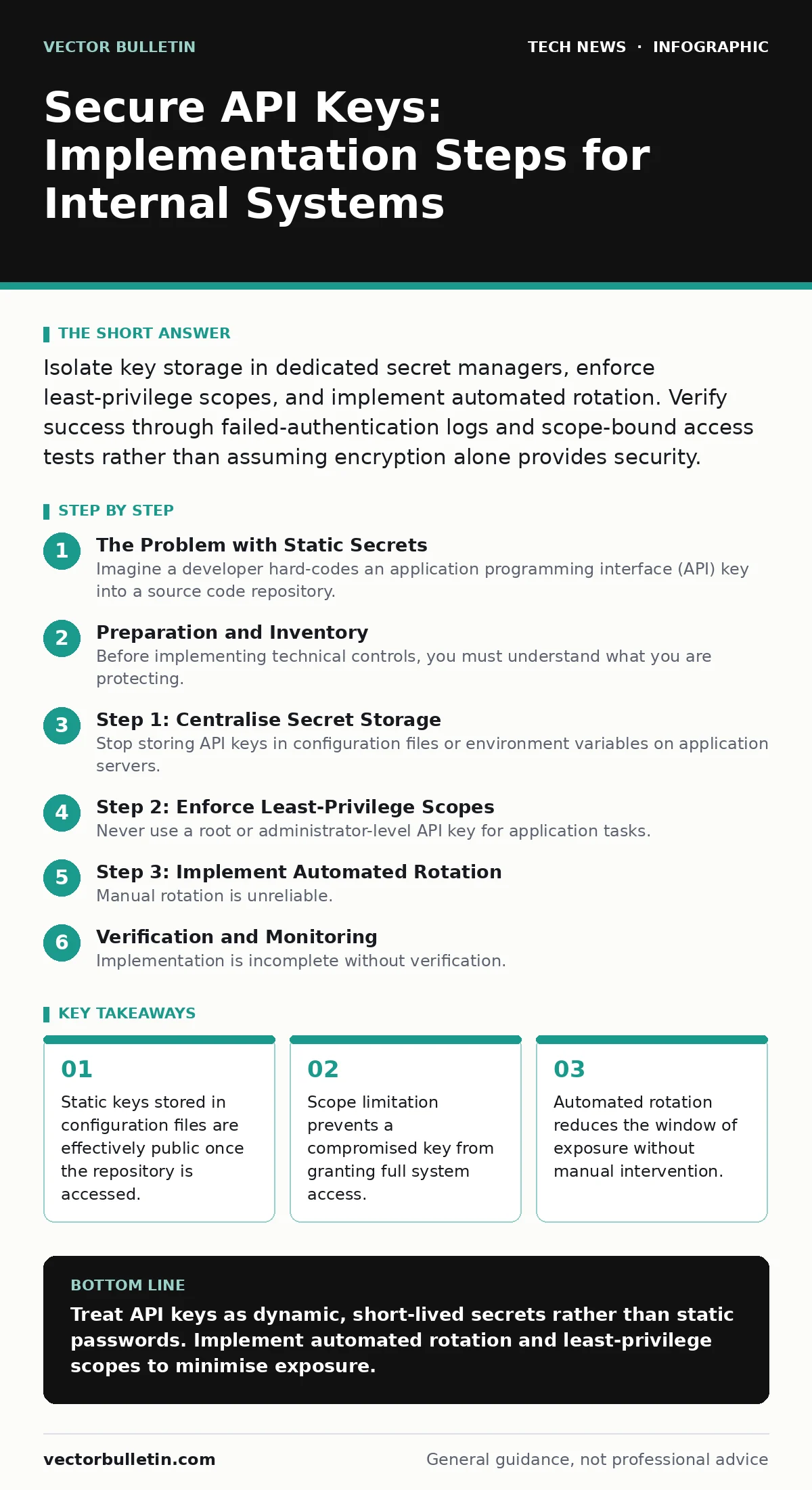 Infographic: Secure API Keys: Implementation Steps for Internal Systems. Static keys stored in configuration files are effectively public once the repository is accessed. Scope limitation prevents a compromised key from granting full system access. Automated rotation reduces the window of exposure w