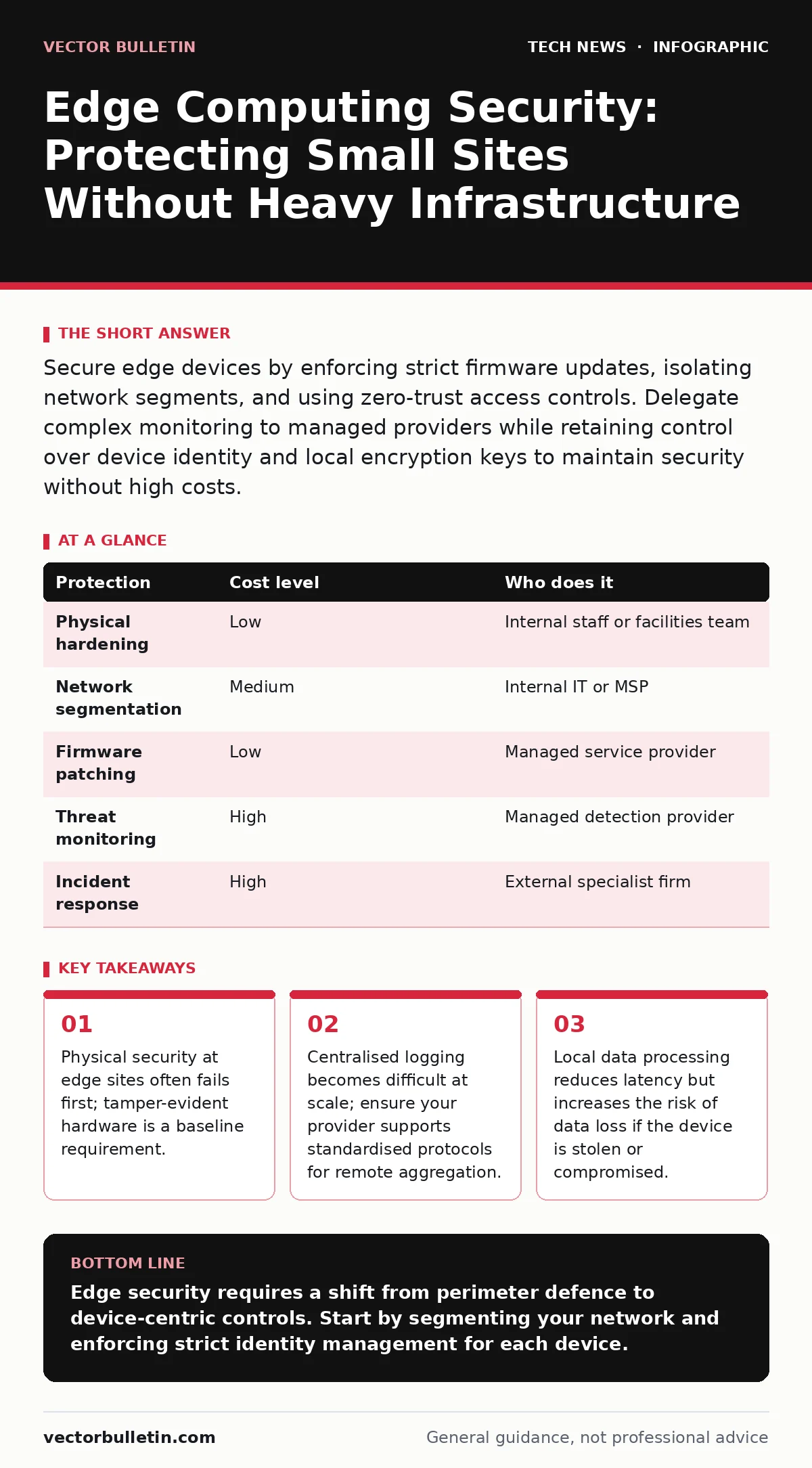 Infographic: Edge Computing Security: Protecting Small Sites Without Heavy Infrastructure. Physical security at edge sites often fails first; tamper-evident hardware is a baseline requirement. Centralised logging becomes difficult at scale; ensure your provider supports standardised protocols for re