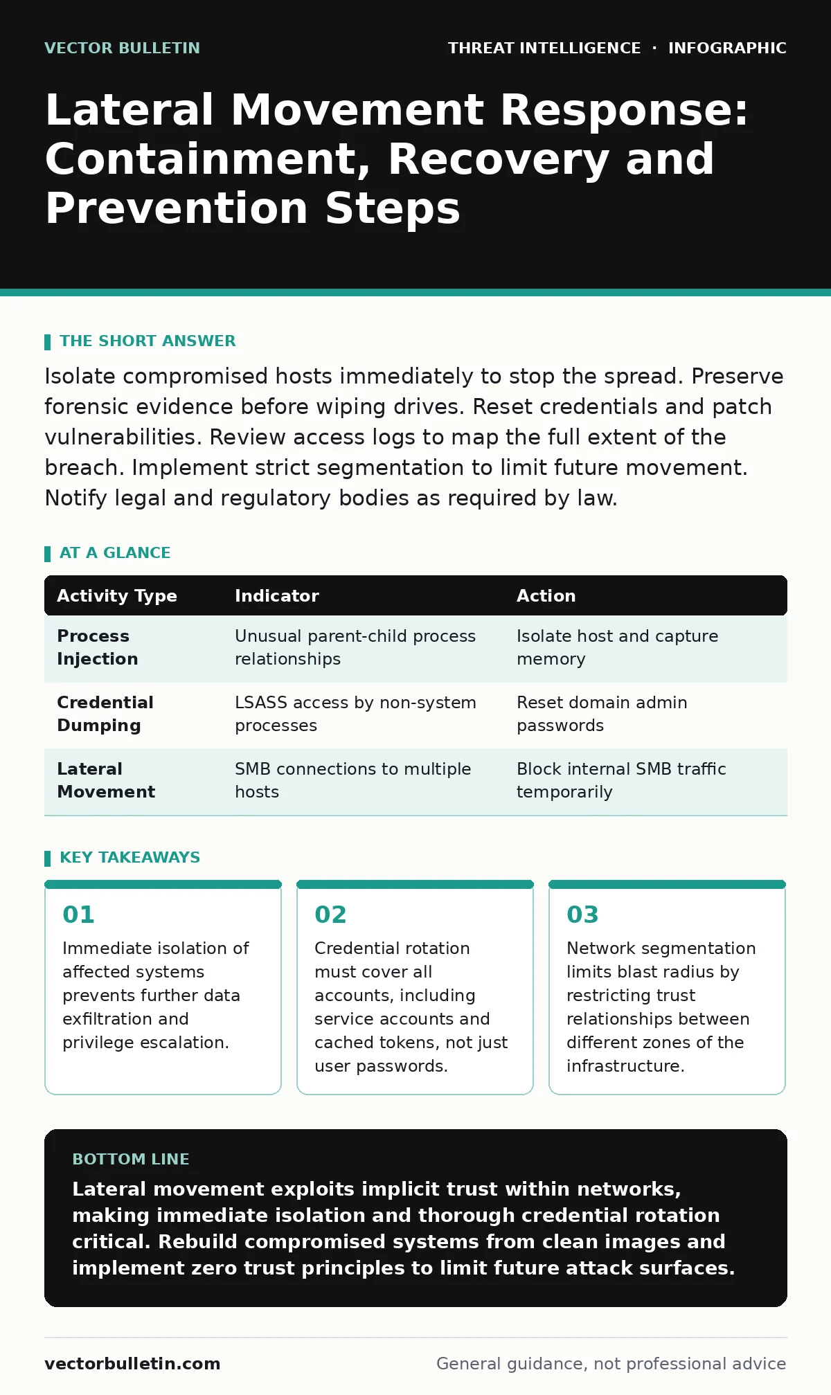 Infographic: Lateral Movement Response: Containment, Recovery and Prevention Steps. Immediate isolation of affected systems prevents further data exfiltration and privilege escalation. Credential rotation must cover all accounts, including service accounts and cached tokens, not just user passwords.