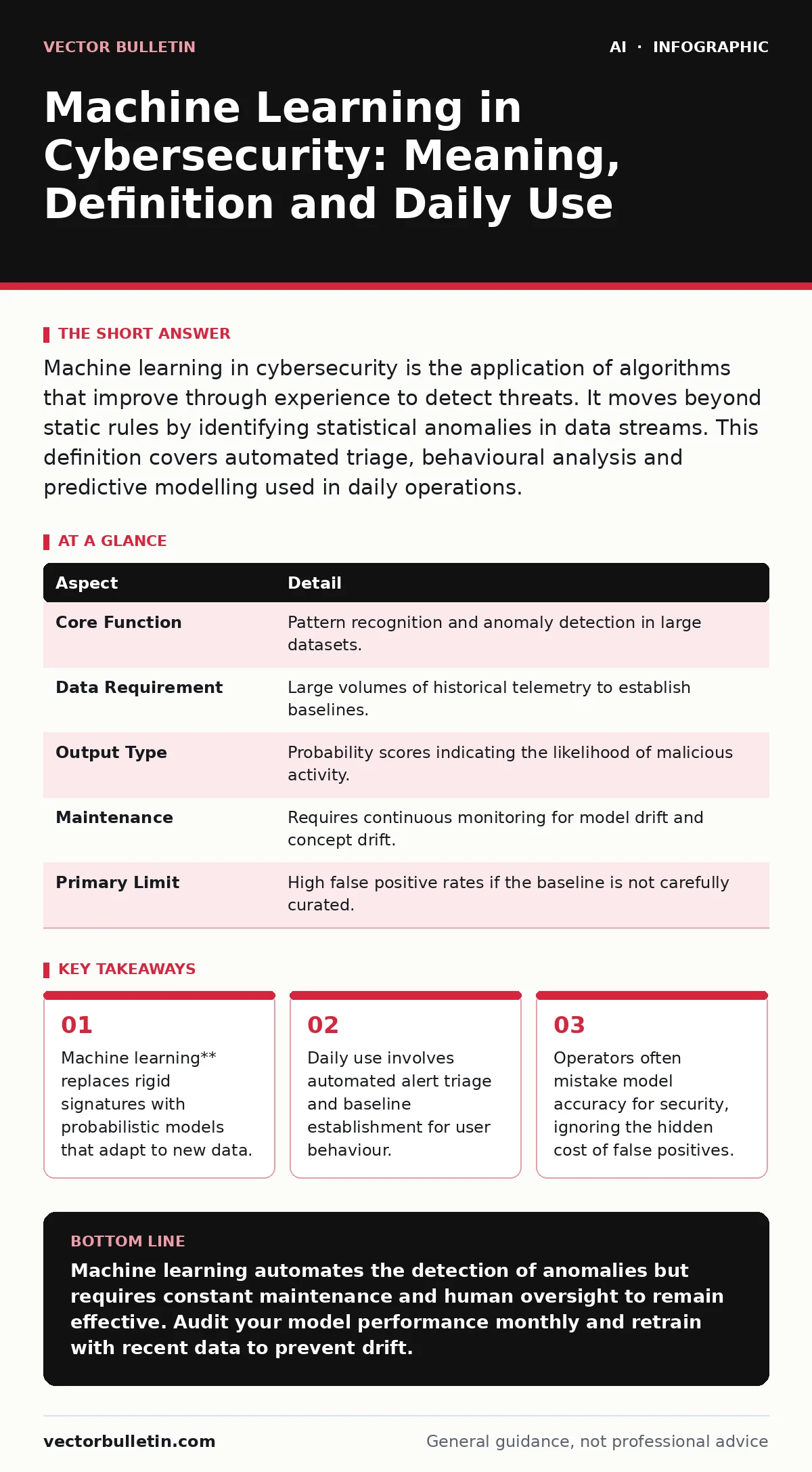 Infographic: Machine Learning in Cybersecurity: Meaning, Definition and Daily Use. Machine learning** replaces rigid signatures with probabilistic models that adapt to new data. Daily use involves automated alert triage and baseline establishment for user behaviour. Operators often mistake model acc
