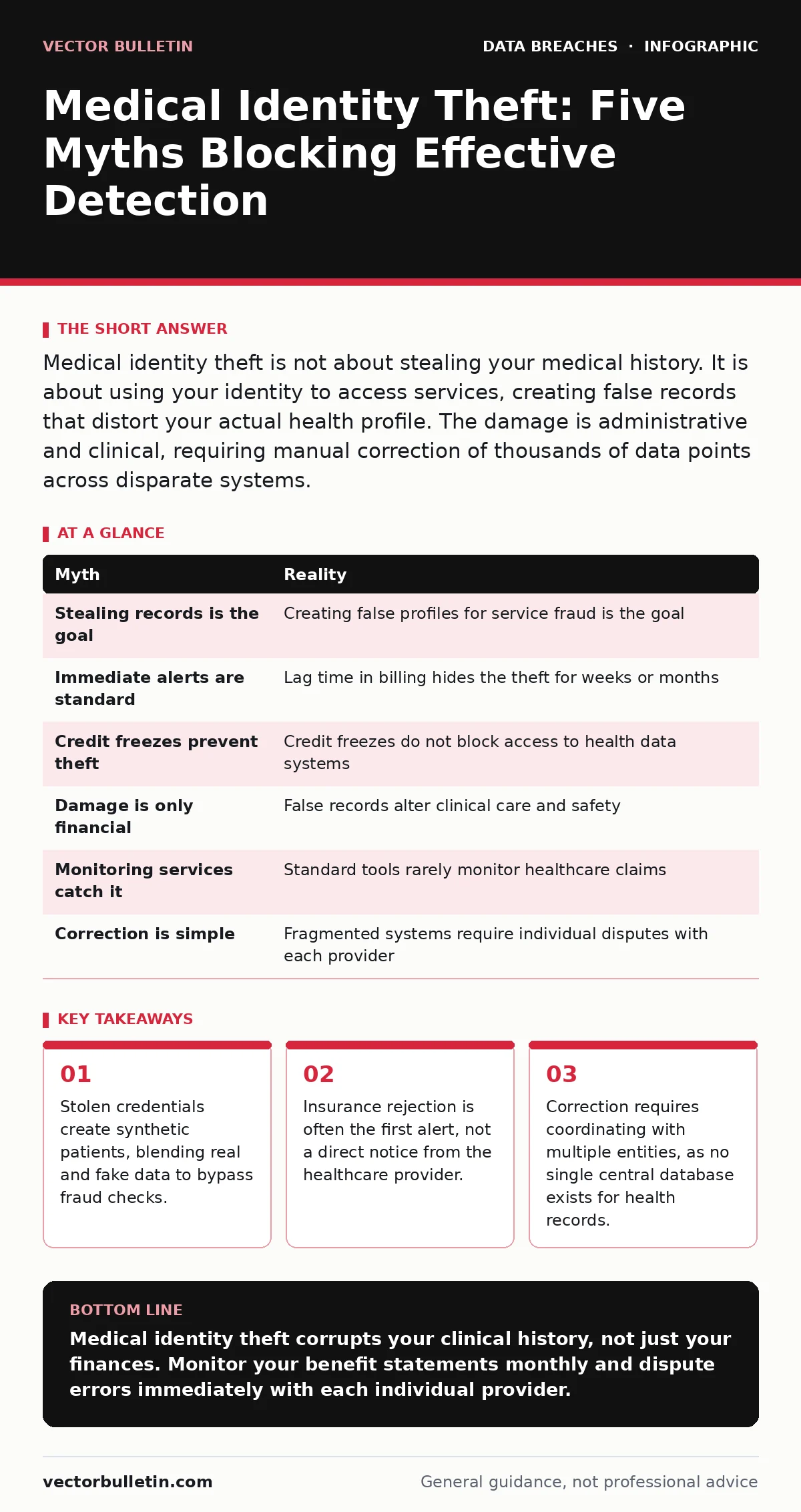 Infographic: Medical Identity Theft: Five Myths Blocking Effective Detection. Stolen credentials create synthetic patients, blending real and fake data to bypass fraud checks. Insurance rejection is often the first alert, not a direct notice from the healthcare provider. Correction requires coordina