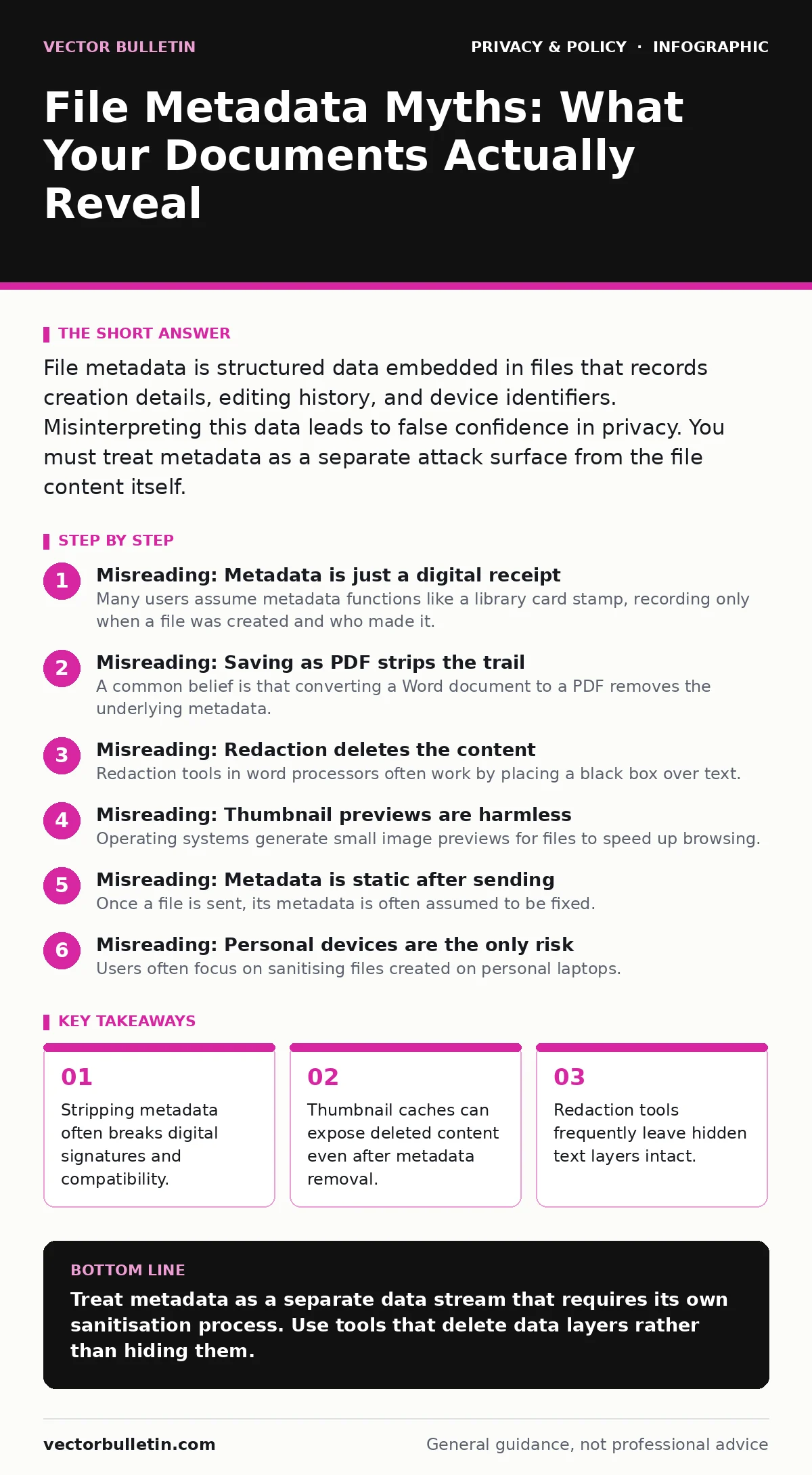 Infographic: File Metadata Myths: What Your Documents Actually Reveal. Stripping metadata often breaks digital signatures and compatibility. Thumbnail caches can expose deleted content even after metadata removal. Redaction tools frequently leave hidden text layers intact.