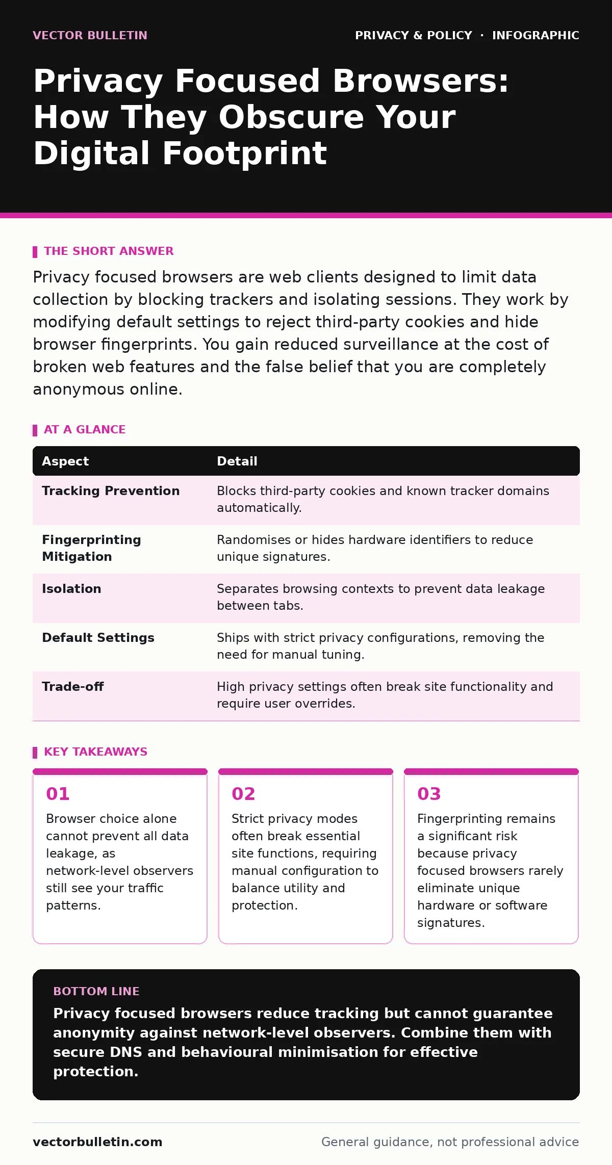 Infographic: Privacy Focused Browsers: How They Obscure Your Digital Footprint. Browser choice alone cannot prevent all data leakage, as network-level observers still see your traffic patterns. Strict privacy modes often break essential site functions, requiring manual configuration to balance utili