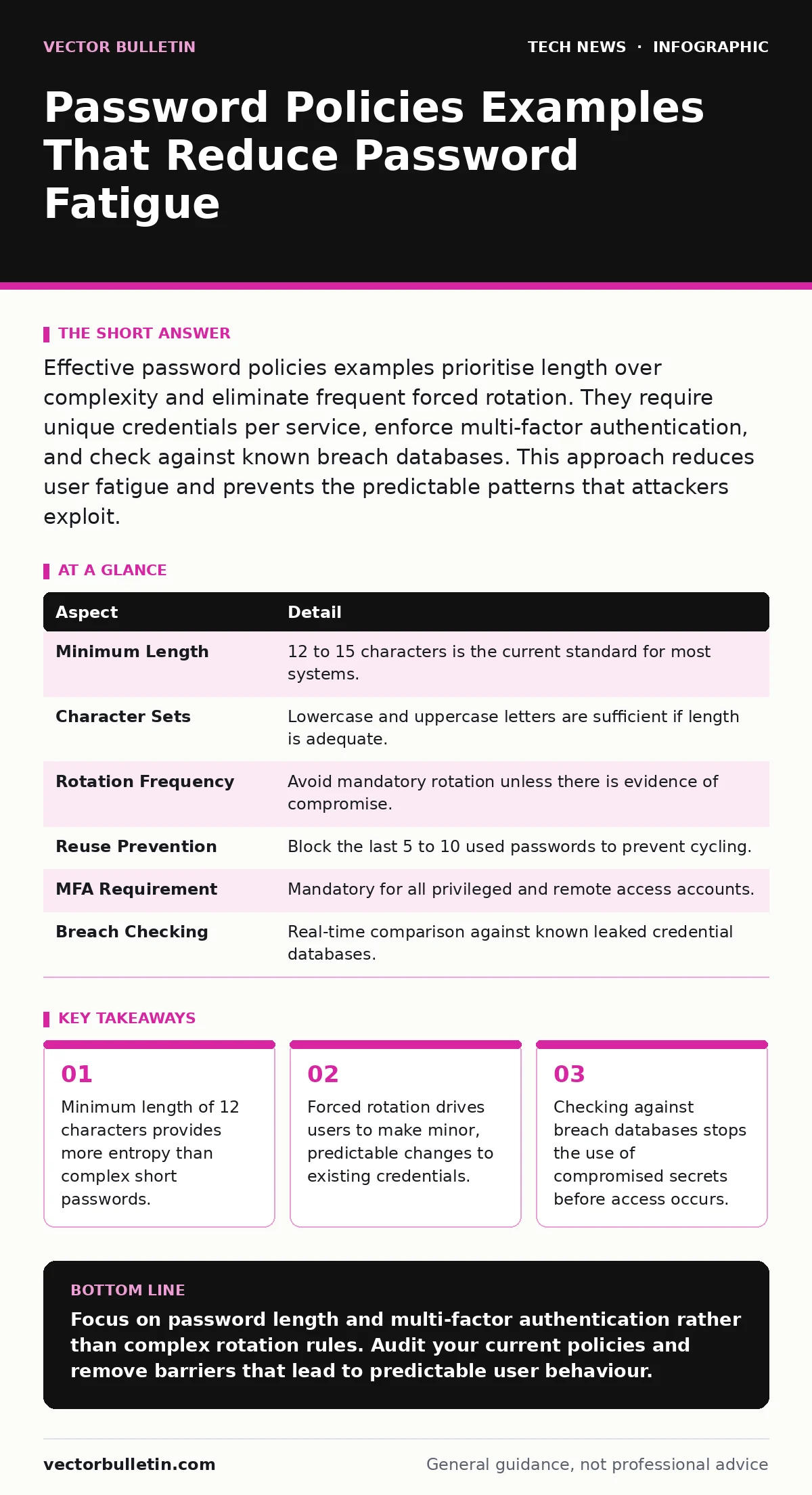 Infographic: Password Policies Examples That Reduce Password Fatigue. Minimum length of 12 characters provides more entropy than complex short passwords. Forced rotation drives users to make minor, predictable changes to existing credentials. Checking against breach databases stops the use of compro