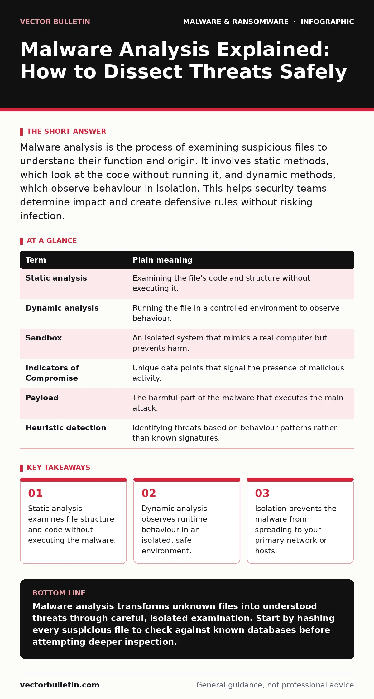 Infographic: Malware Analysis Explained: How to Dissect Threats Safely. Static analysis examines file structure and code without executing the malware. Dynamic analysis observes runtime behaviour in an isolated, safe environment. Isolation prevents the malware from spreading to your primary network