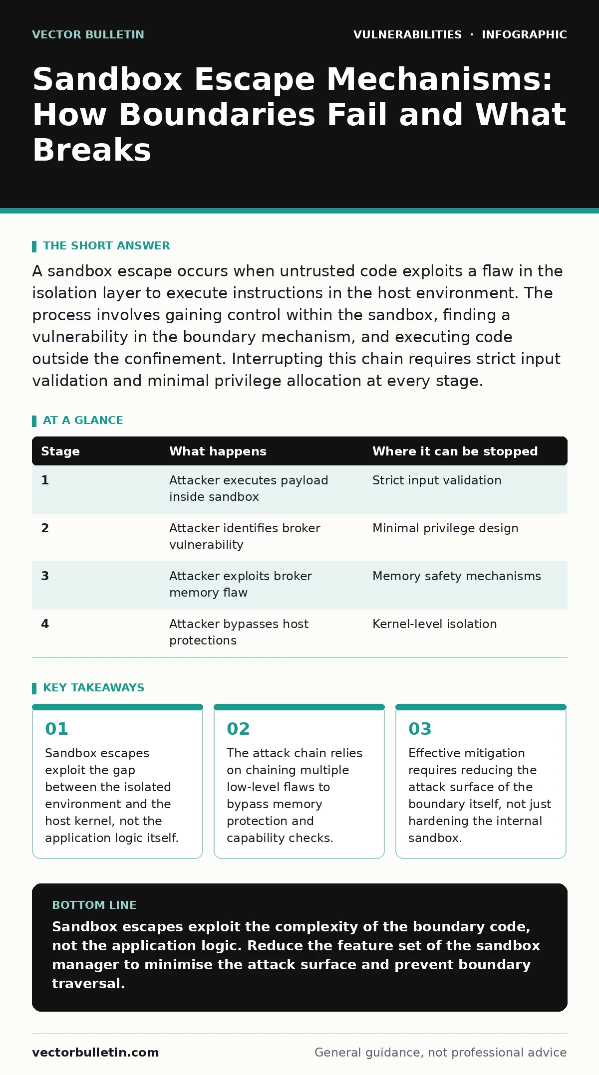 Infographic: Sandbox Escape Mechanisms: How Boundaries Fail and What Breaks. Sandbox escapes exploit the gap between the isolated environment and the host kernel, not the application logic itself. The attack chain relies on chaining multiple low-level flaws to bypass memory protection and capability
