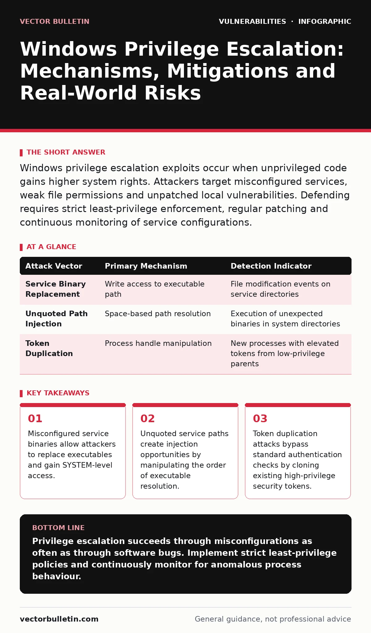 Infographic: Windows Privilege Escalation: Mechanisms, Mitigations and Real-World Risks. Misconfigured service binaries allow attackers to replace executables and gain SYSTEM-level access. Unquoted service paths create injection opportunities by manipulating the order of executable resolution. Token