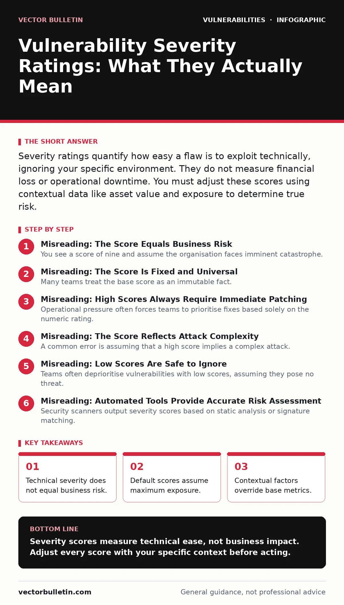 Infographic: Vulnerability Severity Ratings: What They Actually Mean. Technical severity does not equal business risk. Default scores assume maximum exposure. Contextual factors override base metrics. Automated tools cannot assess business value.