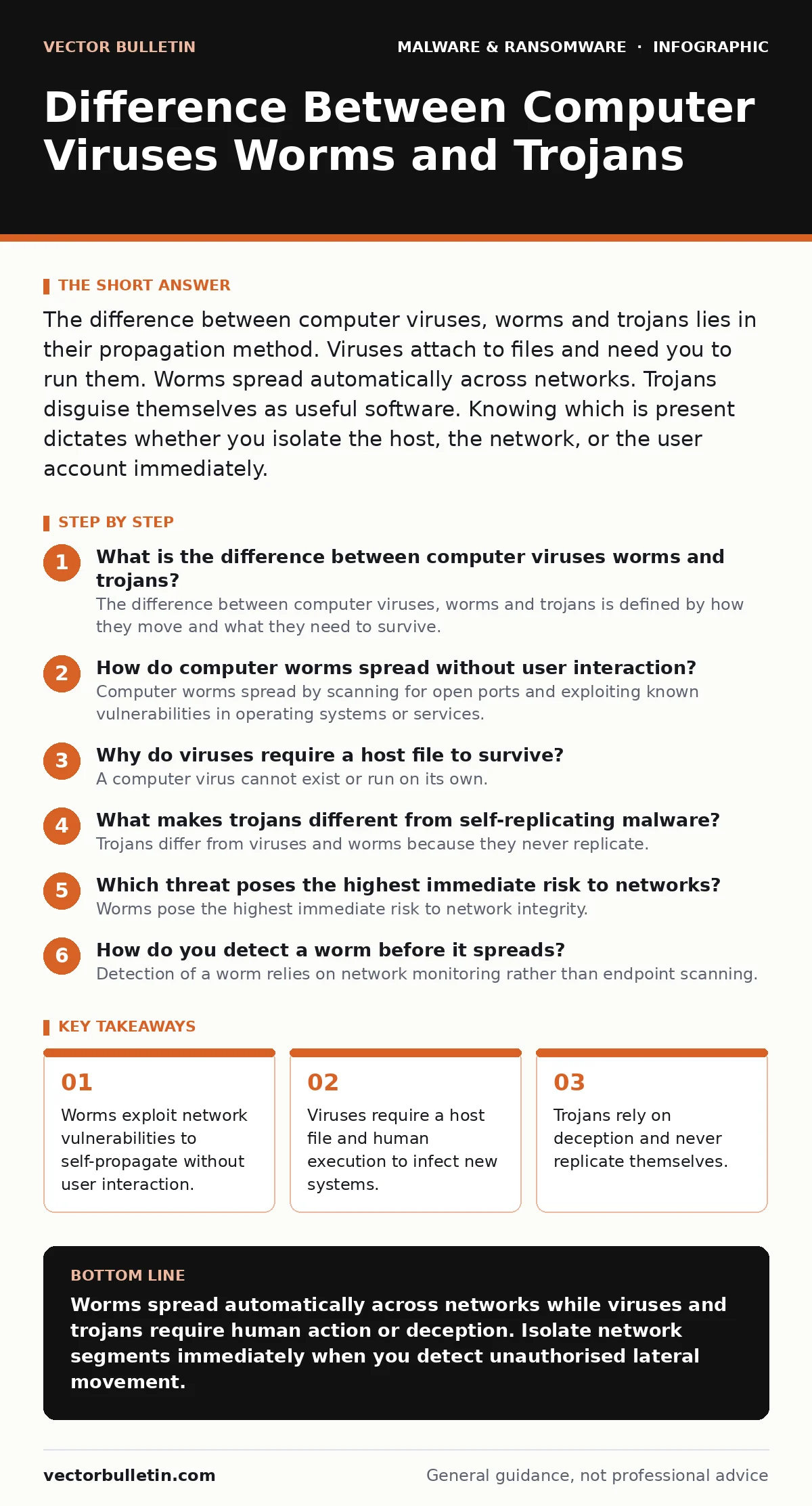 Infographic: Difference Between Computer Viruses Worms and Trojans. Worms exploit network vulnerabilities to self-propagate without user interaction. Viruses require a host file and human execution to infect new systems. Trojans rely on deception and never replicate themselves.